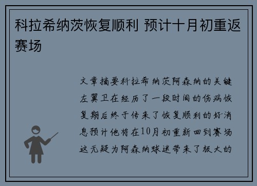 科拉希纳茨恢复顺利 预计十月初重返赛场
