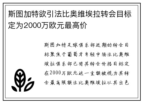 斯图加特欲引法比奥维埃拉转会目标定为2000万欧元最高价