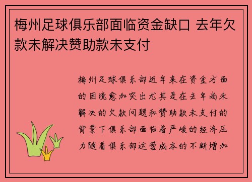 梅州足球俱乐部面临资金缺口 去年欠款未解决赞助款未支付